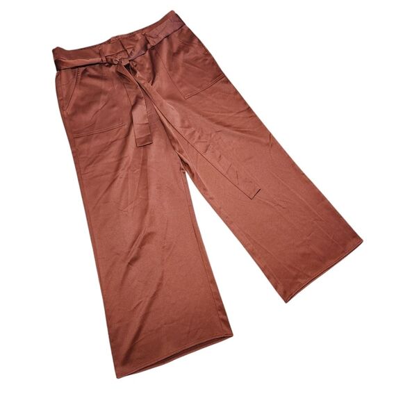 Anthro Joie Pants Satin Wide Leg Stretch Waist Bow Tie Pockets Flowy Copper XL - Picture 5 of 12